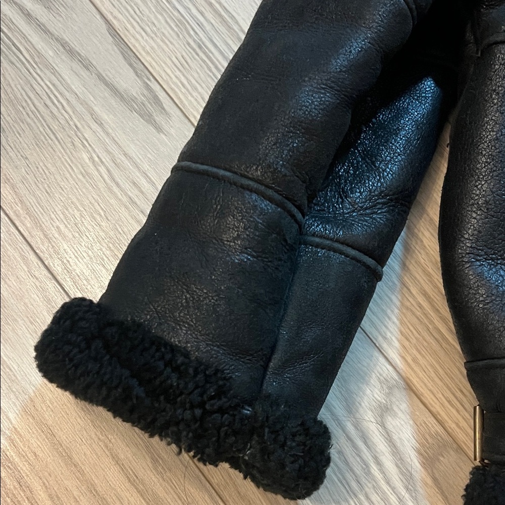 Black Shearling Leather Jacket with Removable Hood - Picture 5 of 11